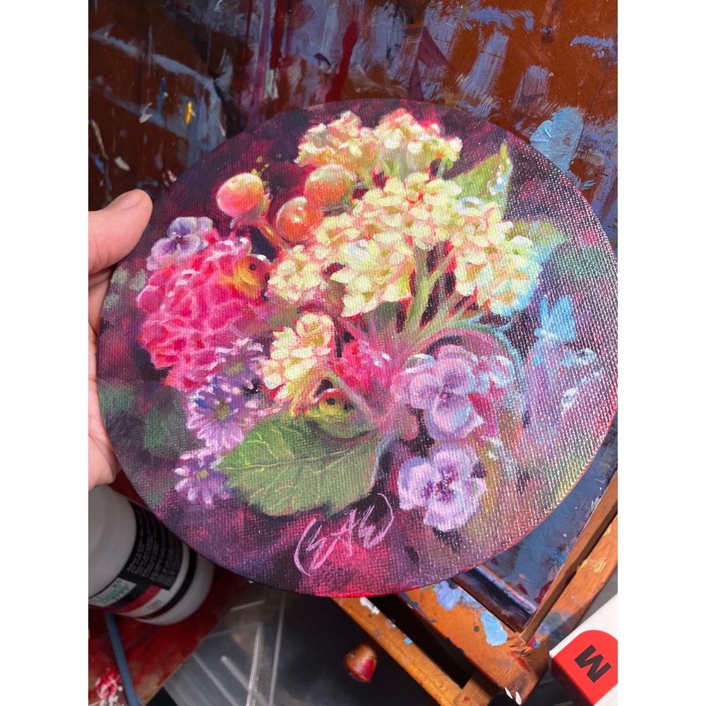 Artettina Original Floral Painting Round Art flower still life Pansy ladybugs US